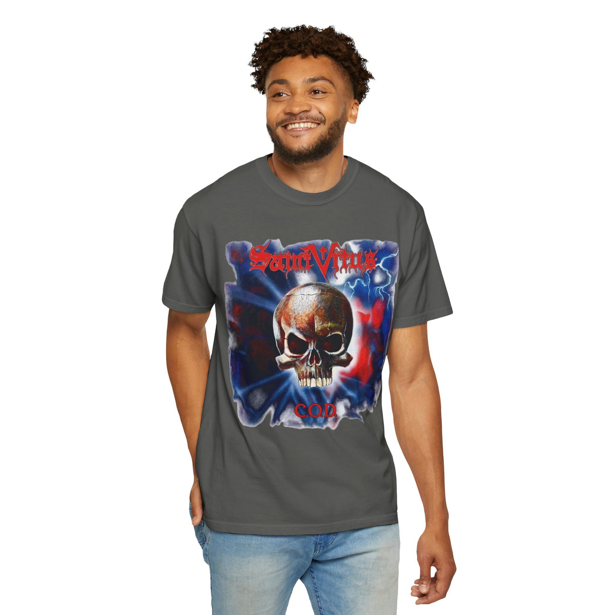 Saint Vitus Skull Graphic T-Shirt - Red Blue Gothic Artwork / Doom Metal Band Tee