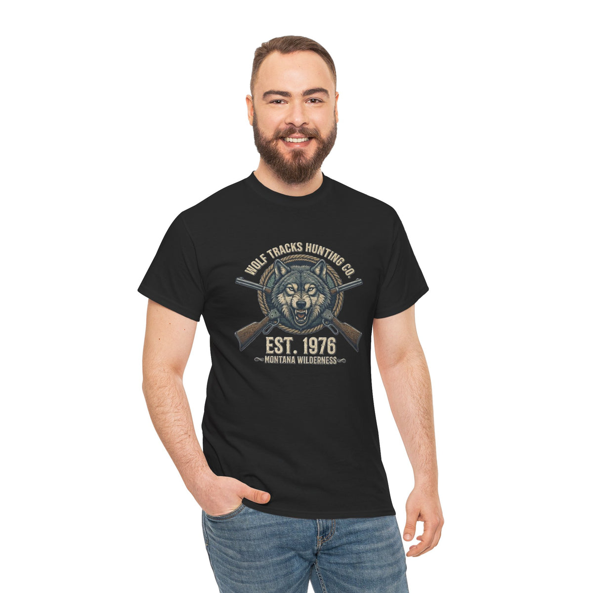 Wolf Head with Crossed Rifles T-Shirt | Hunting Club EST. 1976