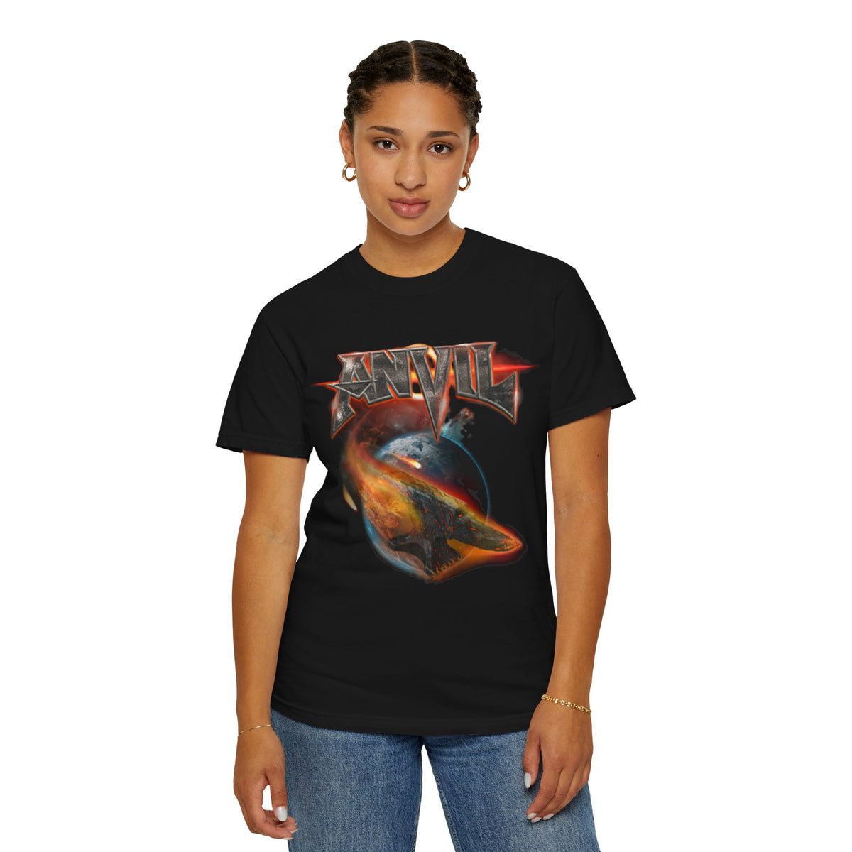 T-shirt avec logo du groupe Anvil | t-shirt heavy metal avec motif de planète en feu