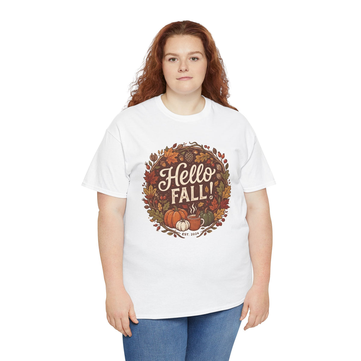 Hello Fall wreath Tee | Autumn pumpkins, leaves, cozy fall design