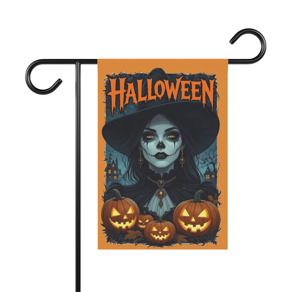 Spooky Witch with Jack-o'-Lanterns Garden Banner | Halloween Yard Flag
