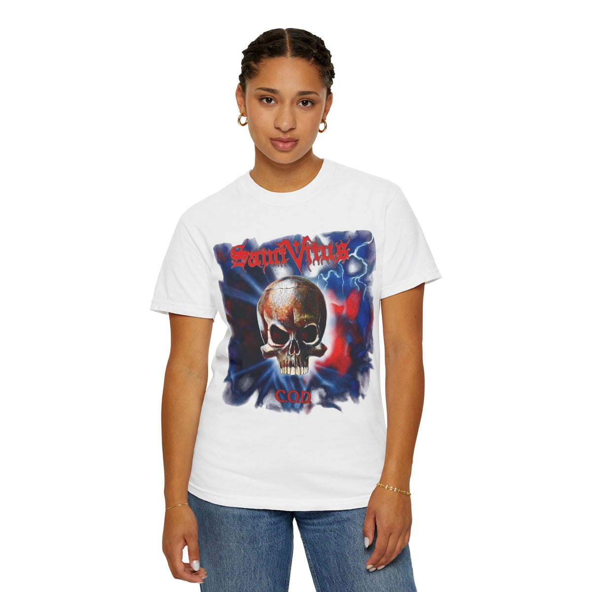 Saint Vitus Skull Graphic T-Shirt - Red Blue Gothic Artwork / Doom Metal Band Tee