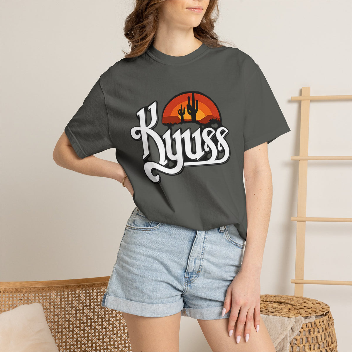 T-shirt Kyuss Desert Sunset Stoner Doom Desert Rock | Logo de groupe américain de Stoner Doom, silhouette de cactus
