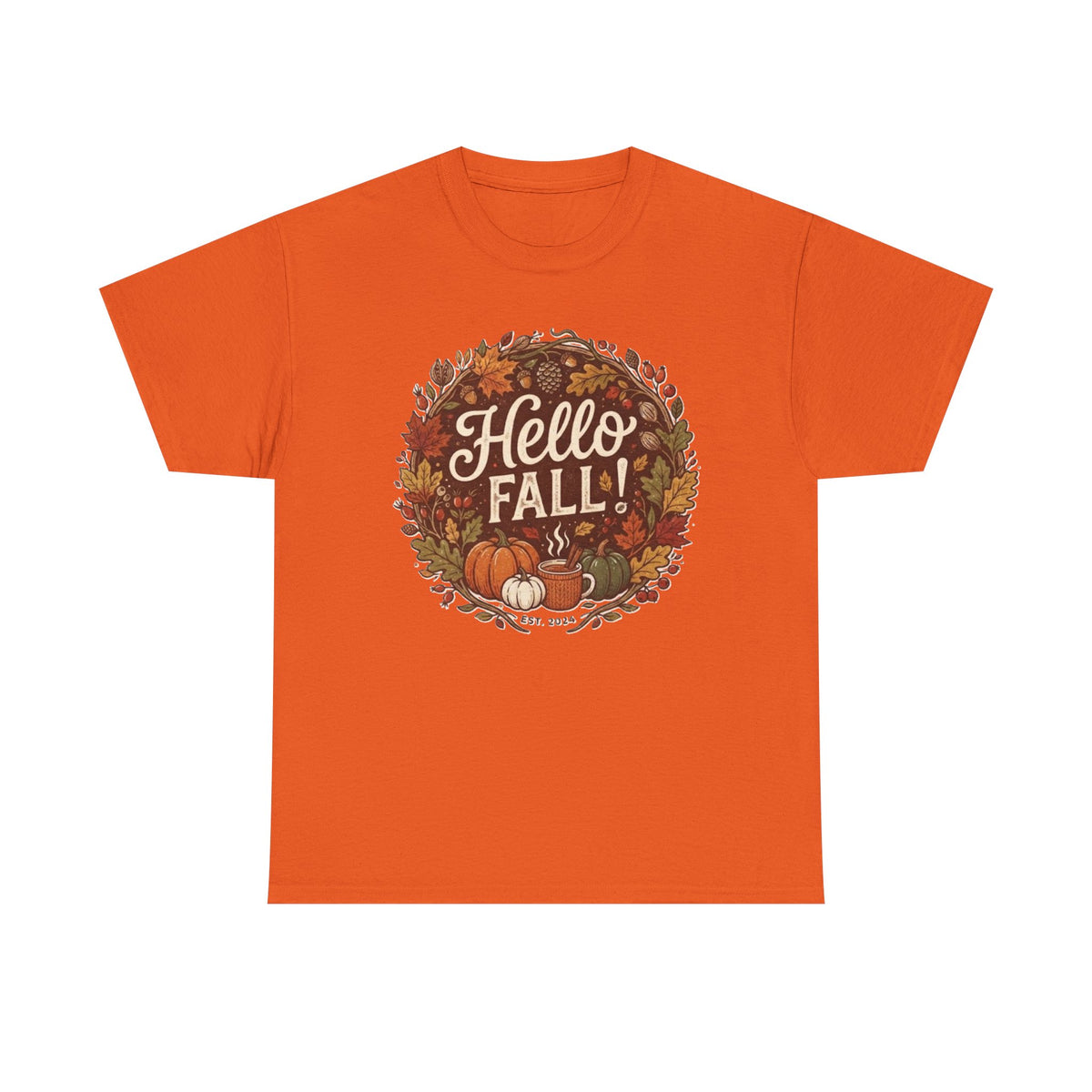 Hello Fall wreath Tee | Autumn pumpkins, leaves, cozy fall design