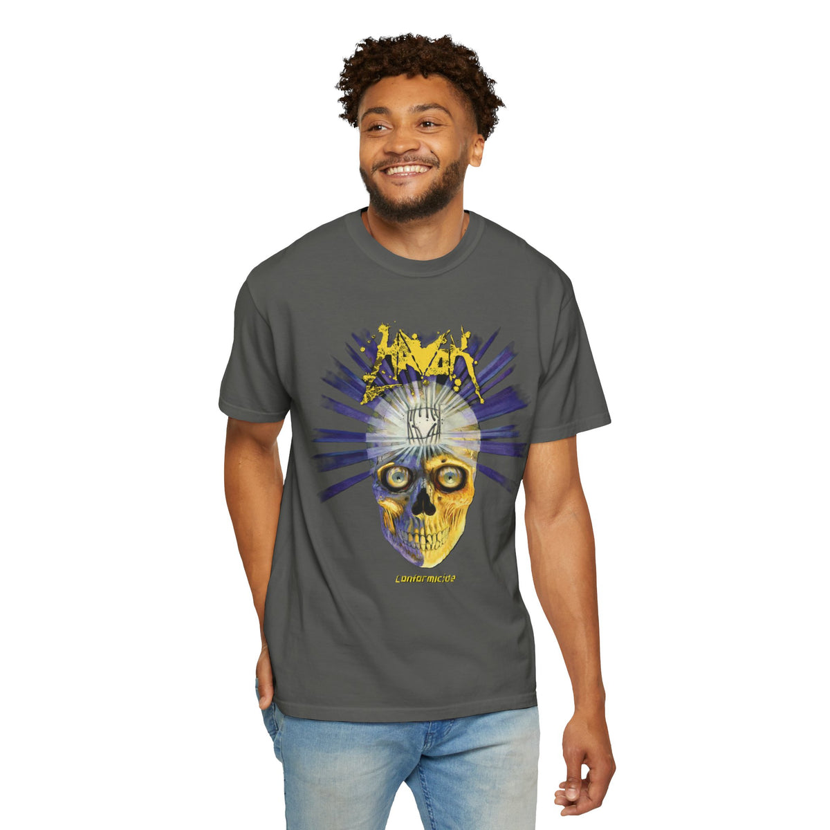 Camiseta Havok Conformicide Skull Sunburst Graphic | Arte de banda de thrash metal amarillo y azul