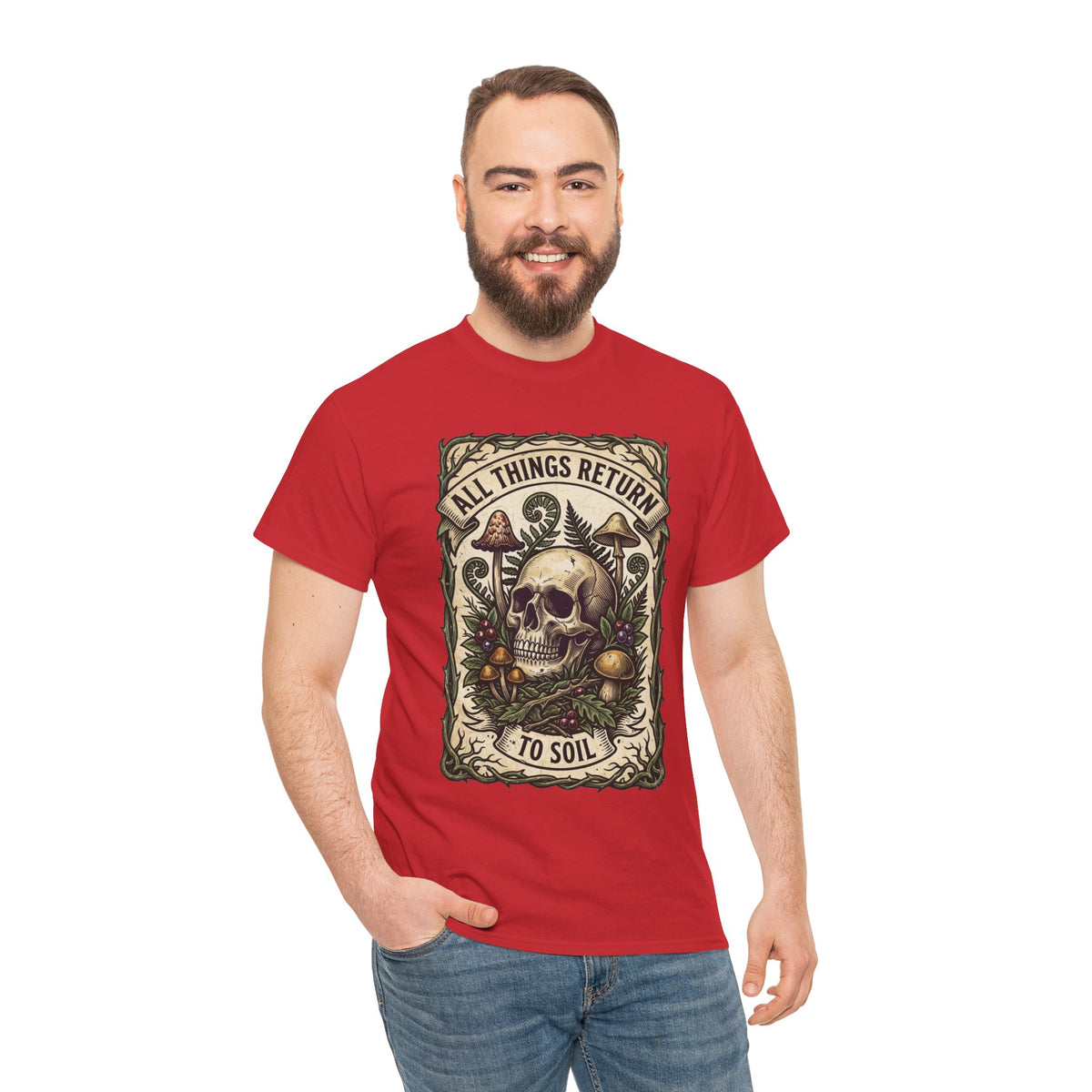 Camiseta con calavera "All Things Return to Soil" | Diseño de setas y botánica