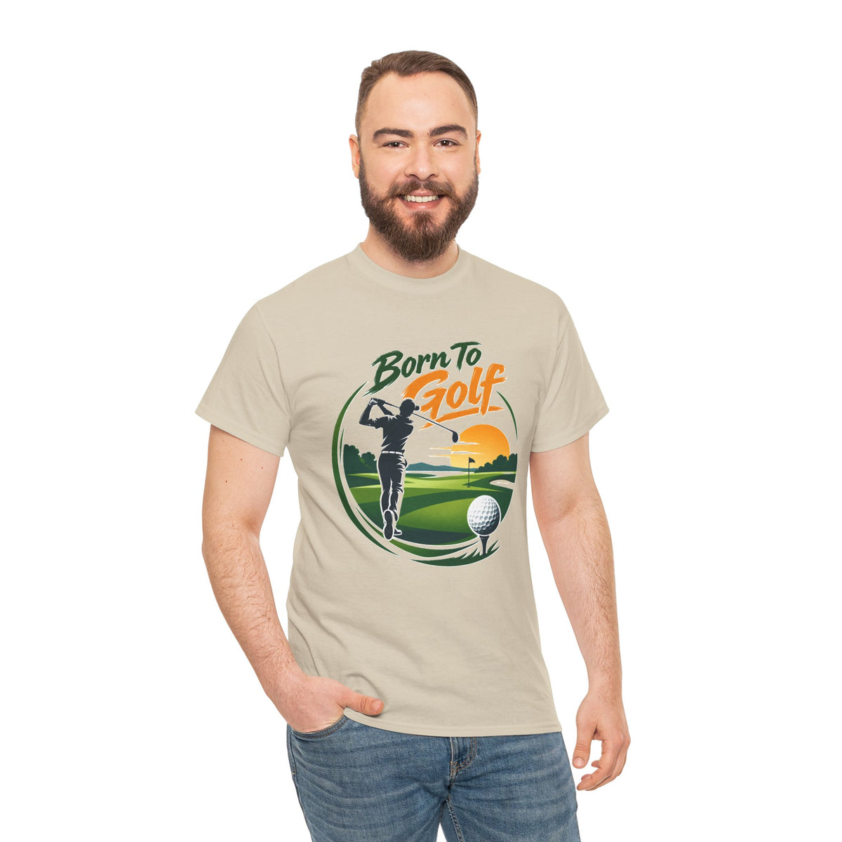 Camiseta Nacido para el golf | Silueta de golfista, escena de campo al atardecer
