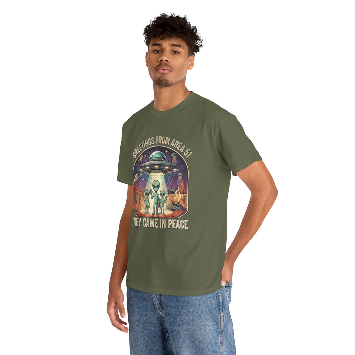 Greetings From Area 51 They Came In Peace Tee | Alien UFO Desert Scene