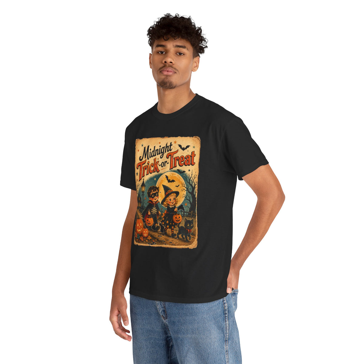 Camiseta de Halloween para niños "Midnight Trick-or-Treat" | Diseño vintage de gato y calabaza