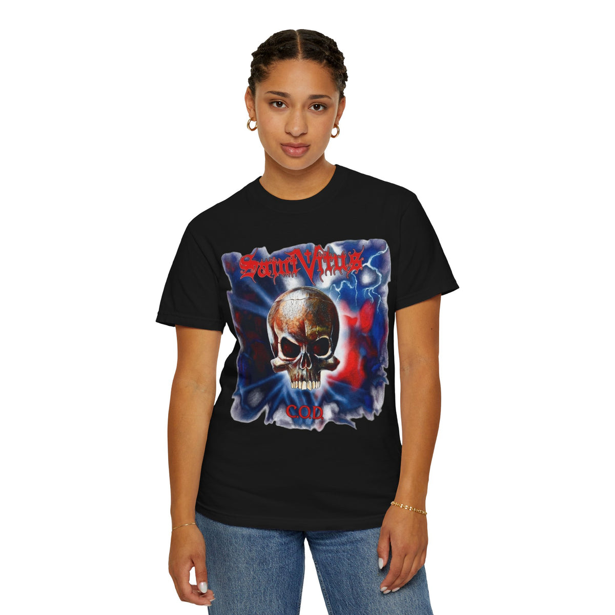 Saint Vitus Skull Graphic T-Shirt - Red Blue Gothic Artwork / Doom Metal Band Tee