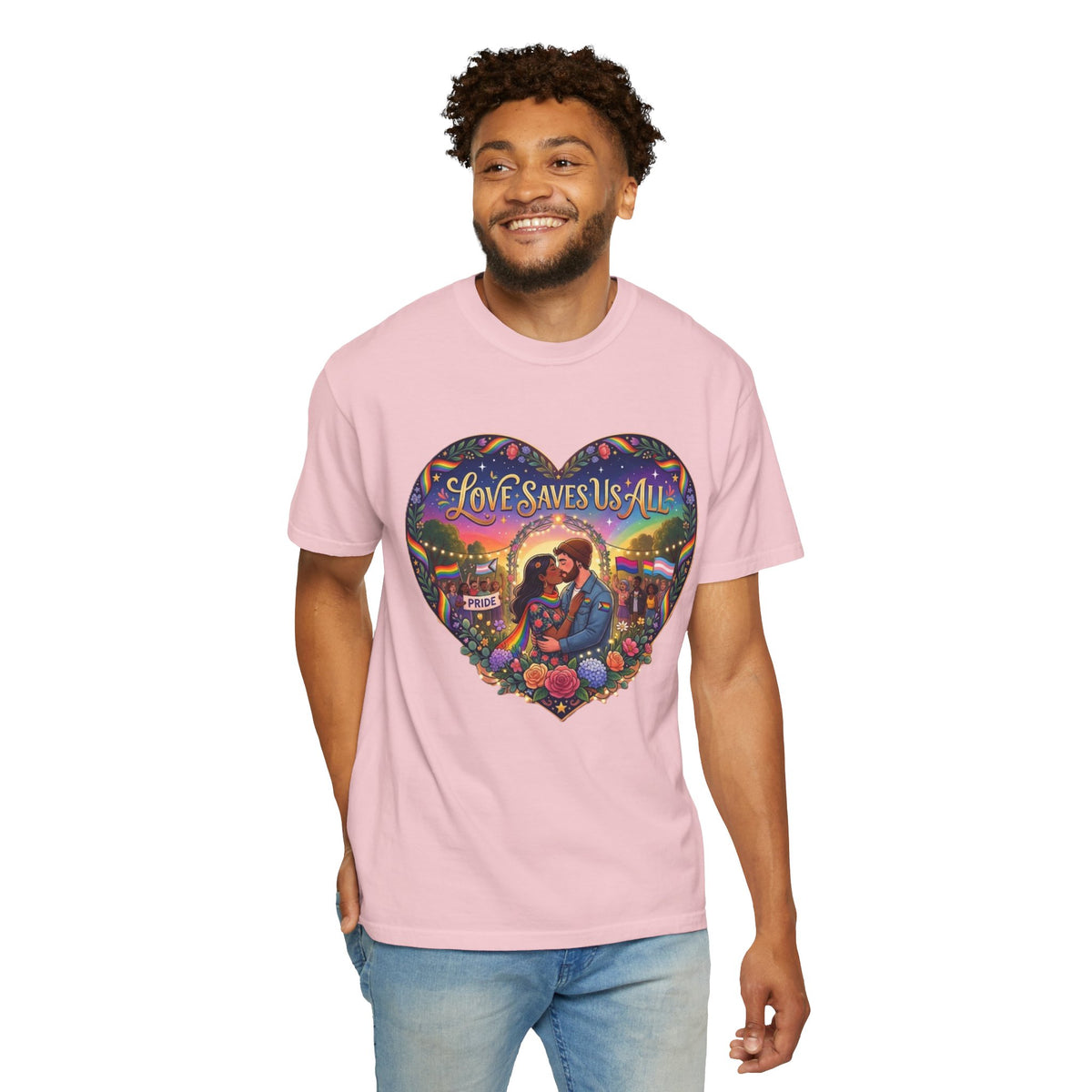 Love Saves Us All heart illustration LGBTQ T-shirt | Romantic couple, colorful sunset graphic scene tee