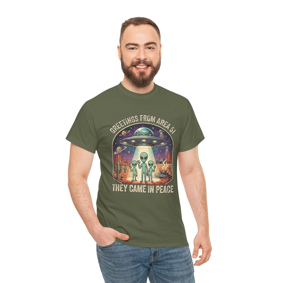 Greetings From Area 51 They Came In Peace Tee | Alien UFO Desert Scene