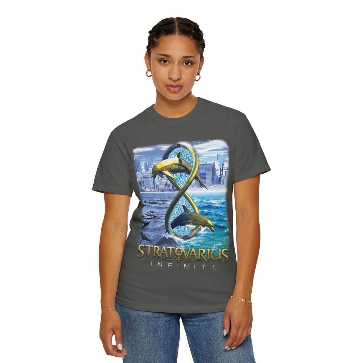 T-shirt Stratovarius Infinite avec logo dauphin | Illustration d'album de groupe de metal