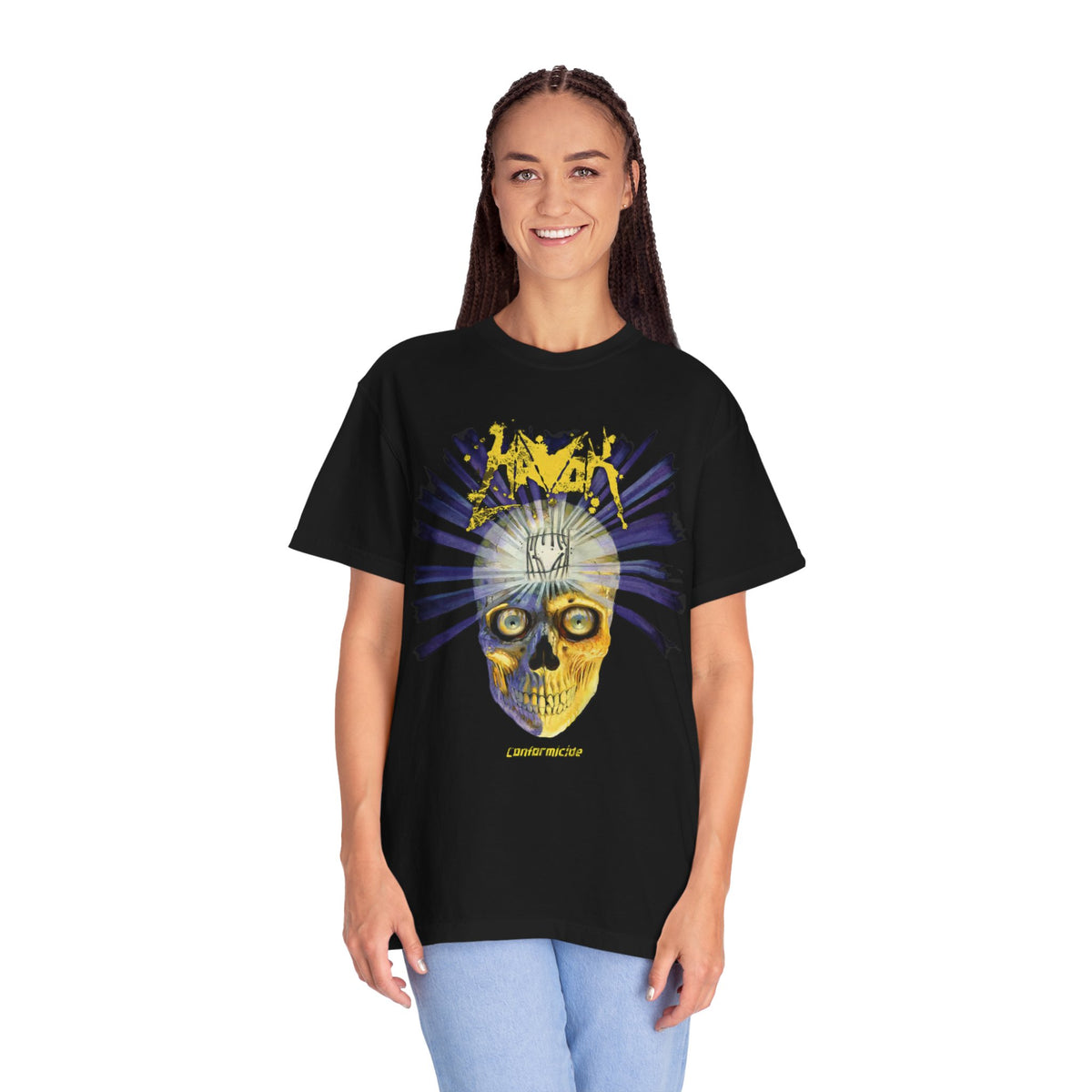 Camiseta Havok Conformicide Skull Sunburst Graphic | Arte de banda de thrash metal amarillo y azul