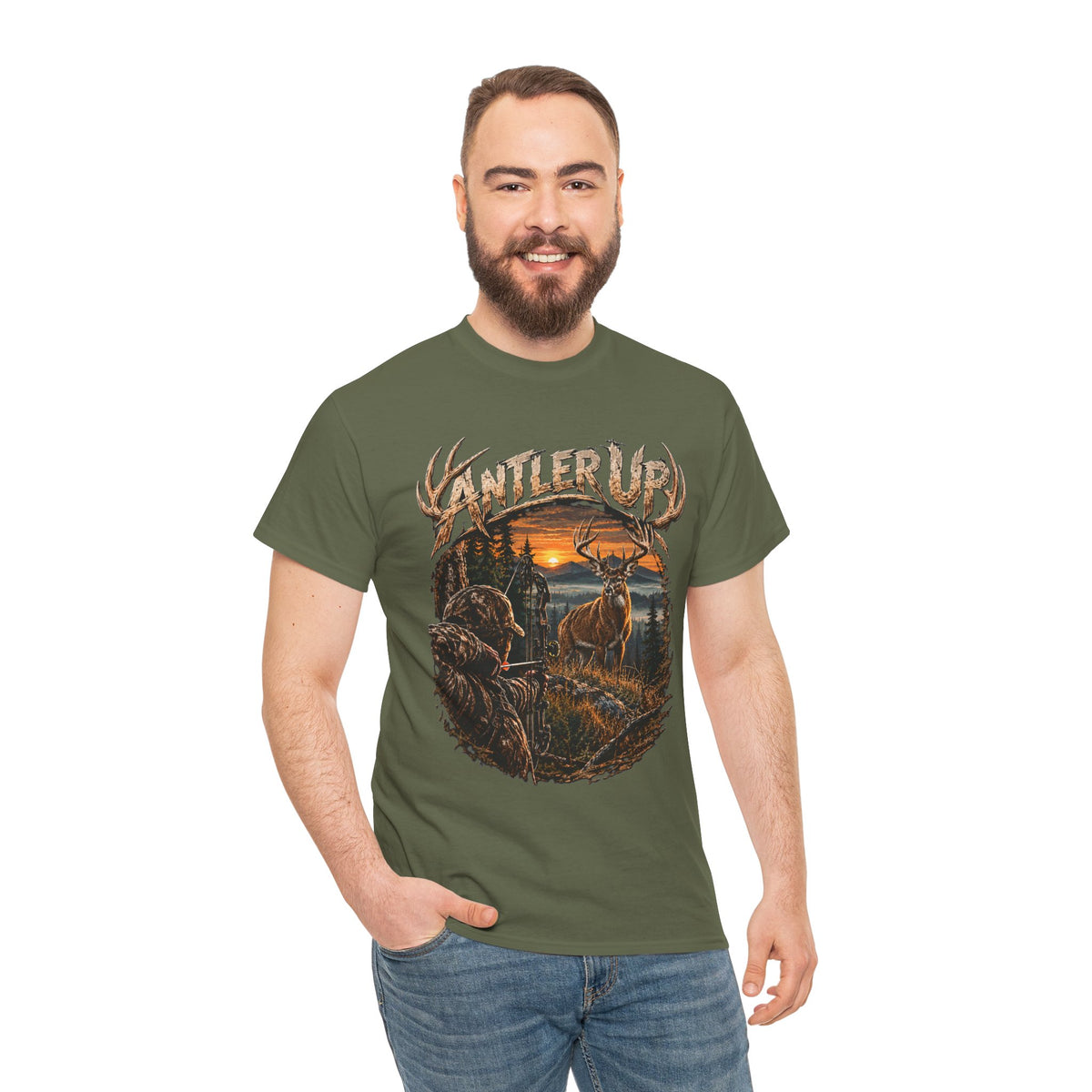 T-shirt Antler Up Deer Sunset | Scène de chasse, cerf en forêt