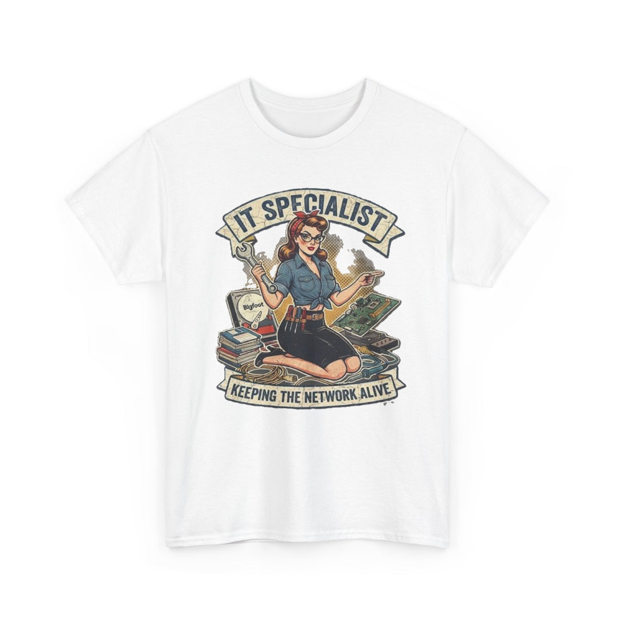 IT Specialist pinup graphic tee | T-Shirt, Keeping the Network Alive design
