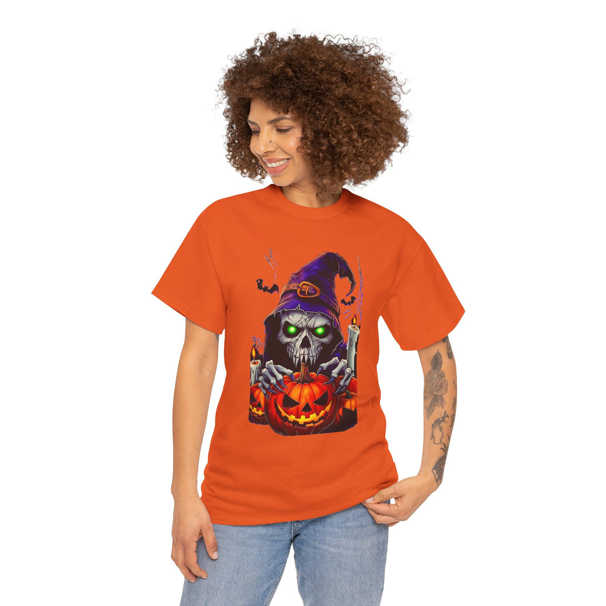 Grinning Skull Witch with Jack-O'-Lantern Tee | Halloween Skull Shirt