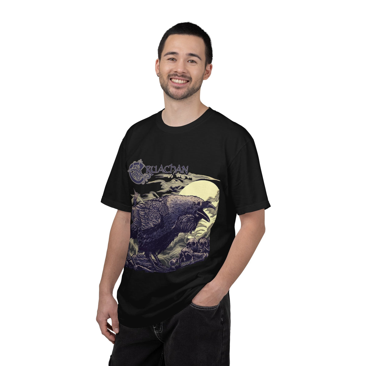 T-shirt avec illustration du corbeau de Cruachan | Folk Metal, illustration de corbeau celte, scène de ciel nocturne