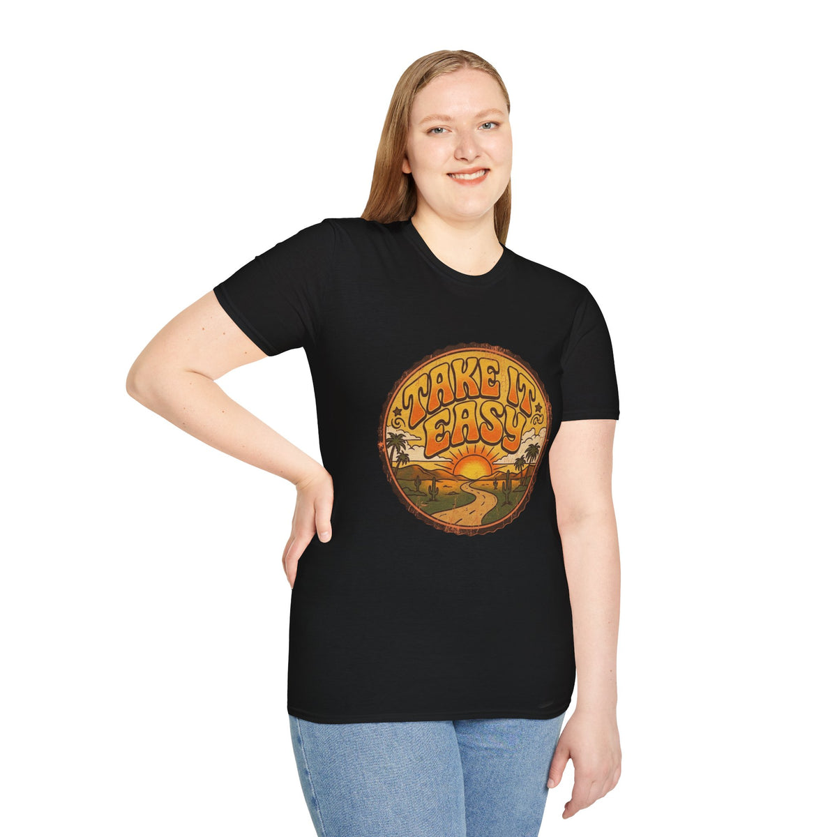 Camiseta Take It Easy con carretera al atardecer | gráfico retro de atardecer y palmeras