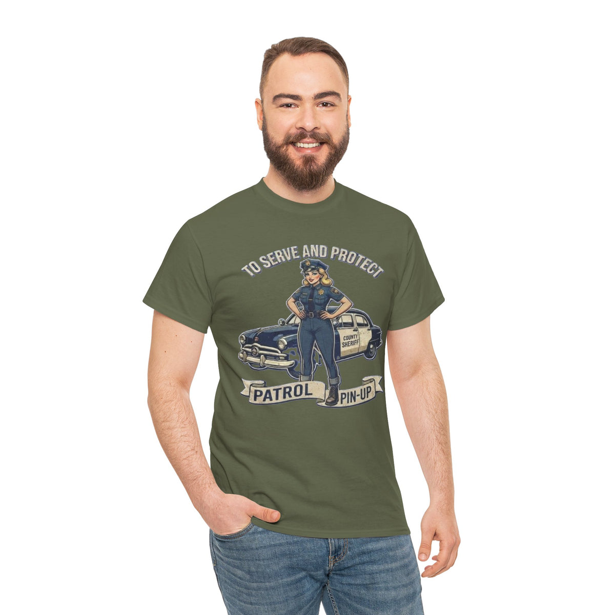 Patrol Pin-Up Policewoman T-Shirt | To Serve and Protect Vintage Car Design