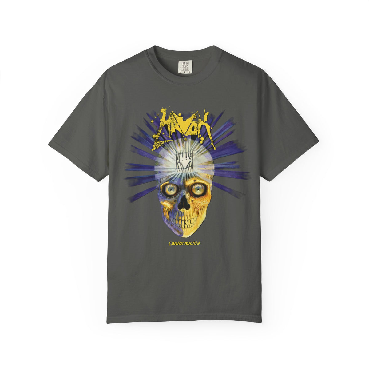 Camiseta Havok Conformicide Skull Sunburst Graphic | Arte de banda de thrash metal amarillo y azul