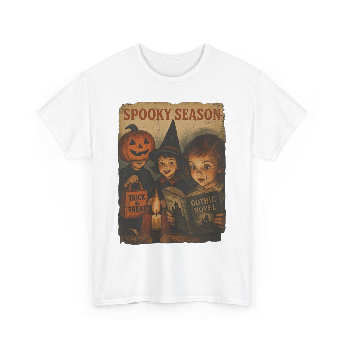Camiseta gótica de novela de Halloween con bruja y calabaza de temporada espeluznante