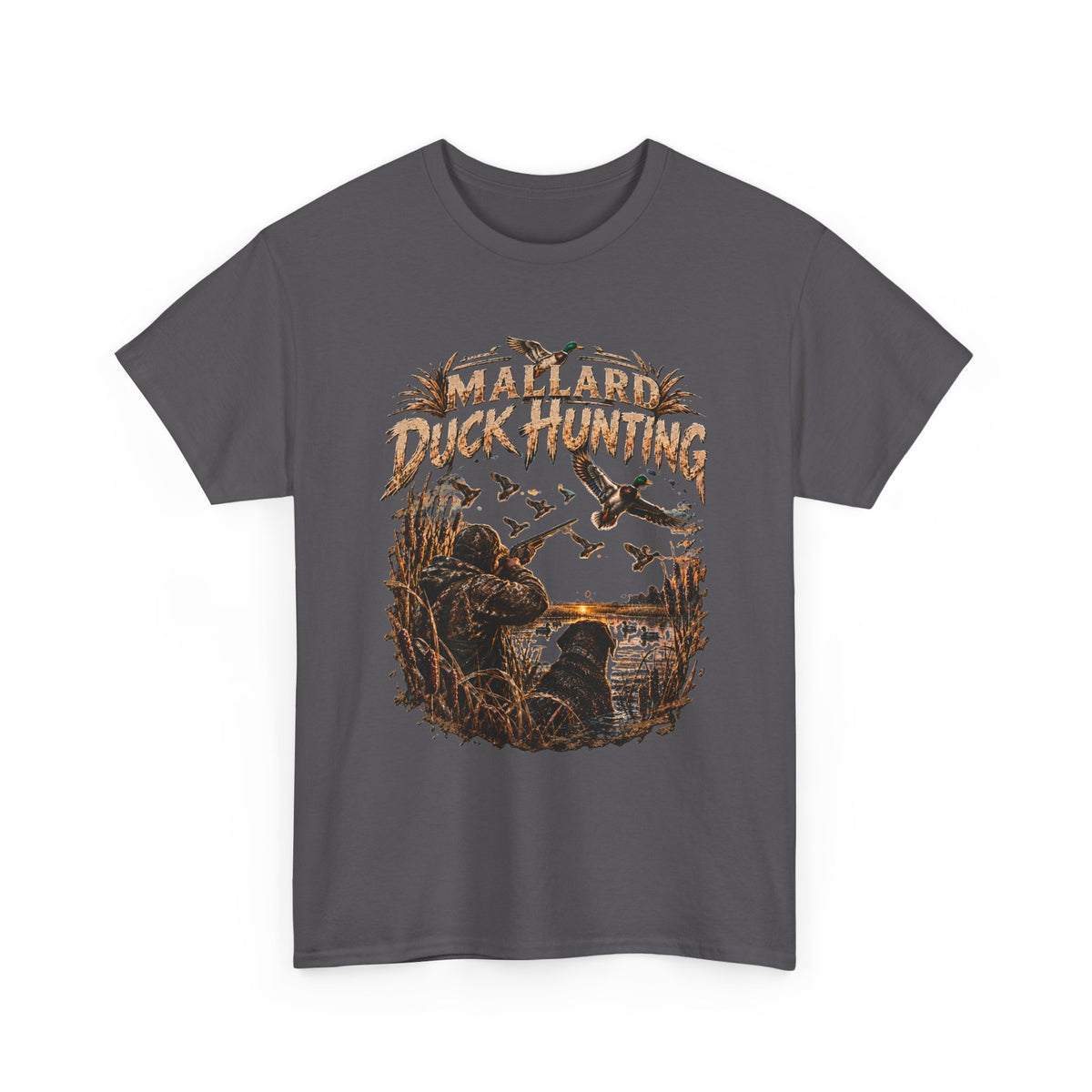 Camiseta de caza de pato azulón | Escena vintage de aves acuáticas, silueta de pantano