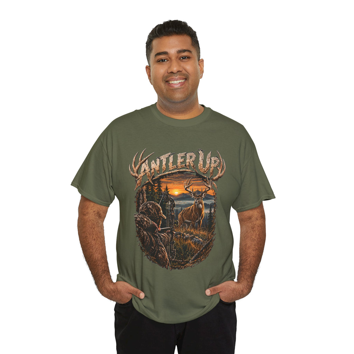 T-shirt Antler Up Deer Sunset | Scène de chasse, cerf en forêt
