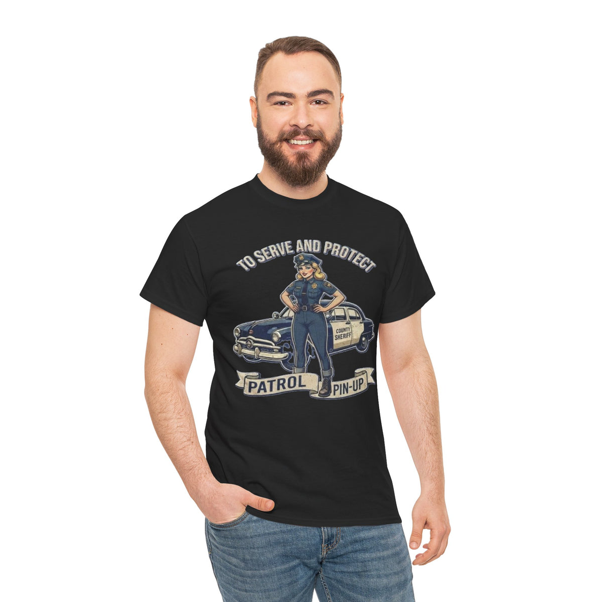 Patrol Pin-Up Policewoman T-Shirt | To Serve and Protect Vintage Car Design