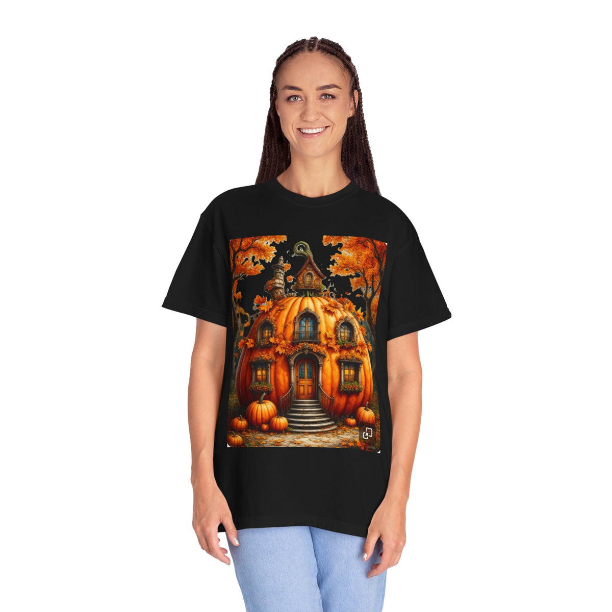 Pumpkin House Illustration T-shirt | Autumn Halloween Pumpkin Cottage