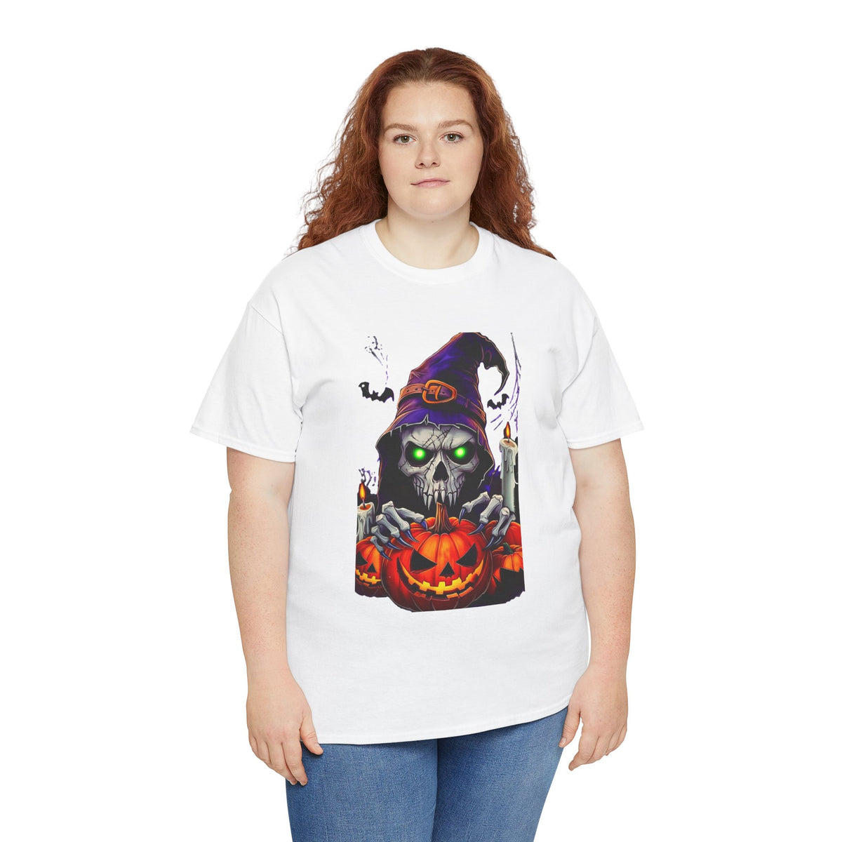 Grinning Skull Witch with Jack-O'-Lantern Tee | Halloween Skull Shirt