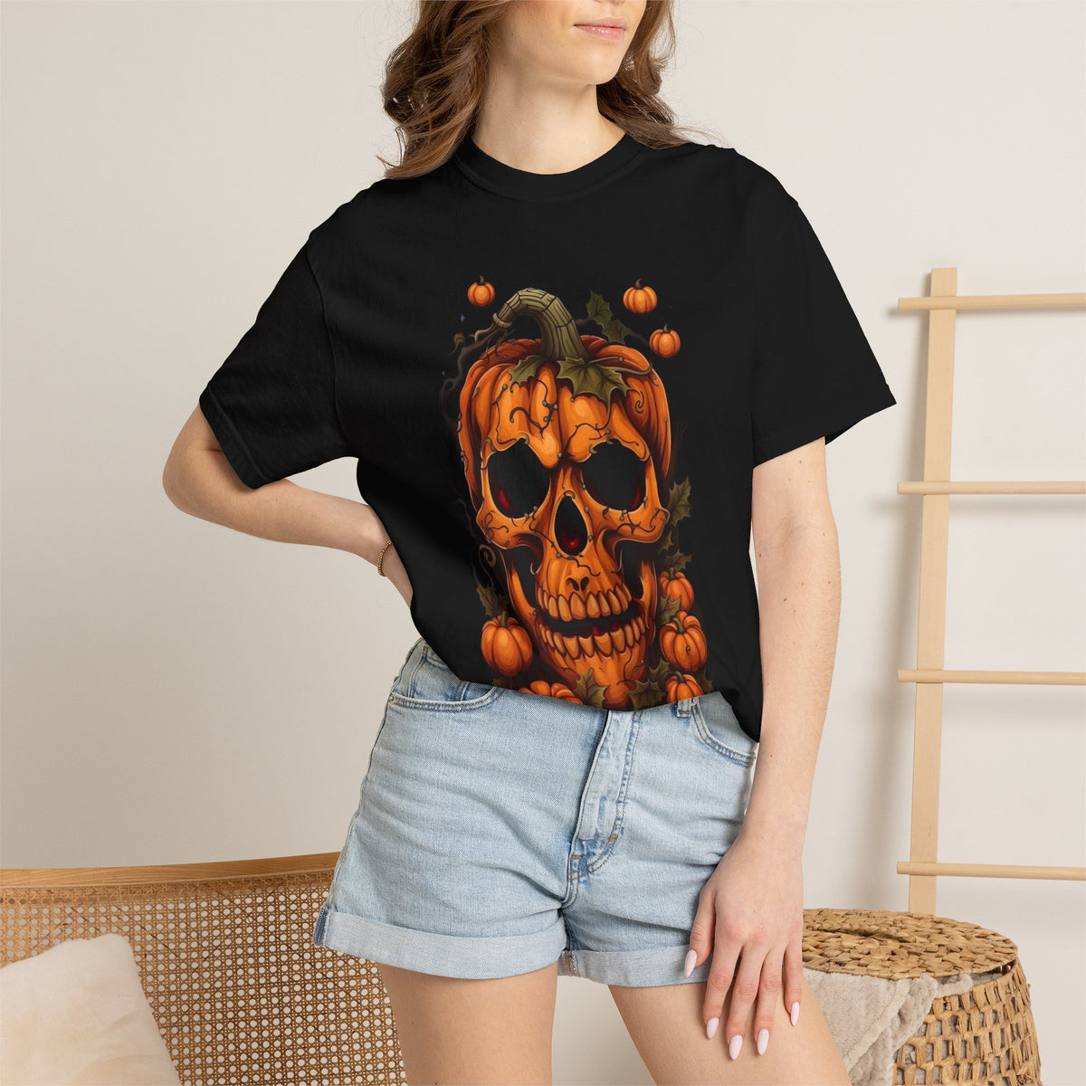 T-shirt tête de citrouille | Tee-shirt tête de mort citrouille, design citrouille d'Halloween