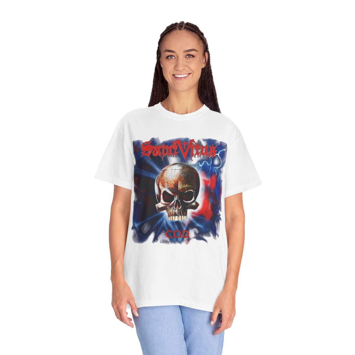 Saint Vitus Skull Graphic T-Shirt - Red Blue Gothic Artwork / Doom Metal Band Tee