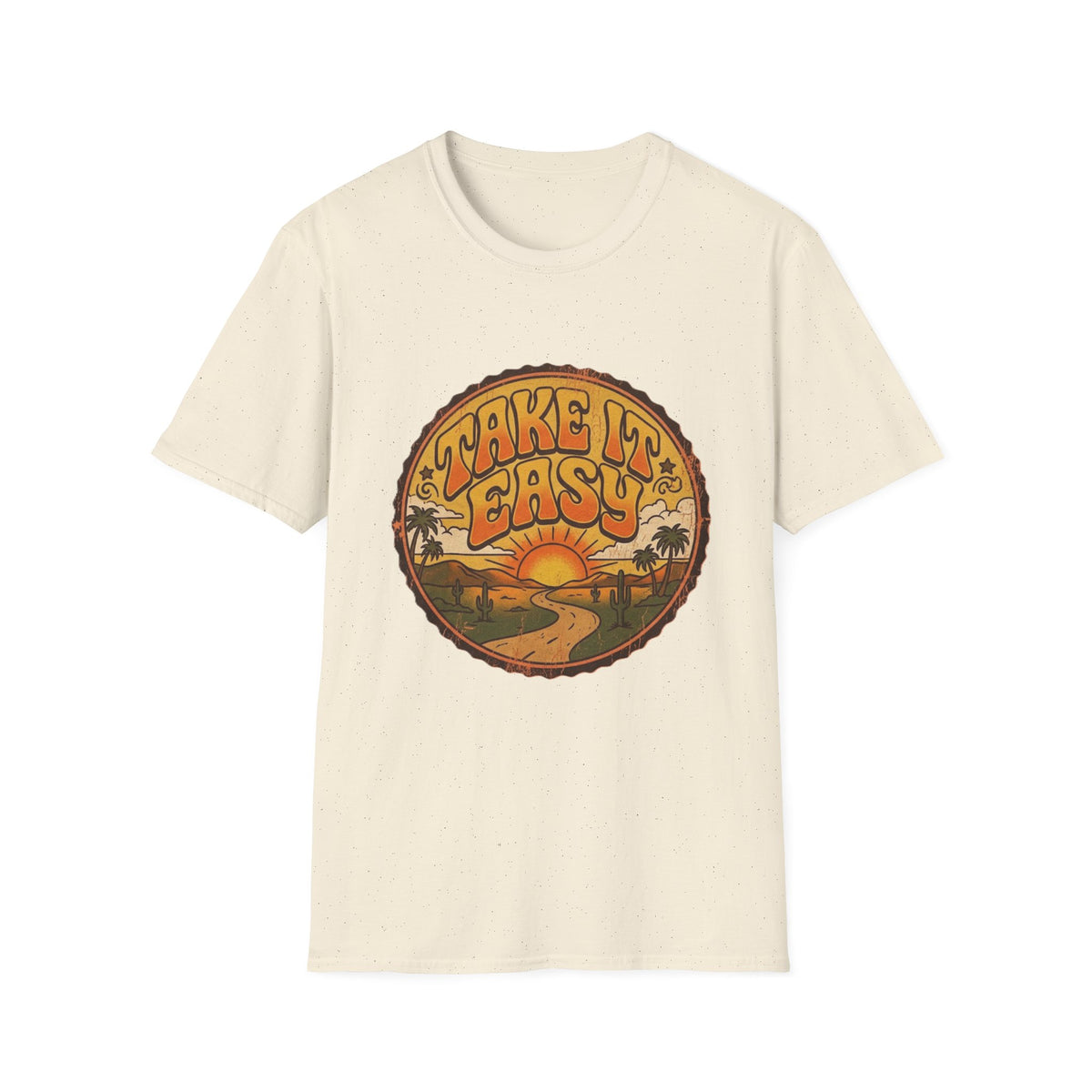 Camiseta Take It Easy con carretera al atardecer | gráfico retro de atardecer y palmeras