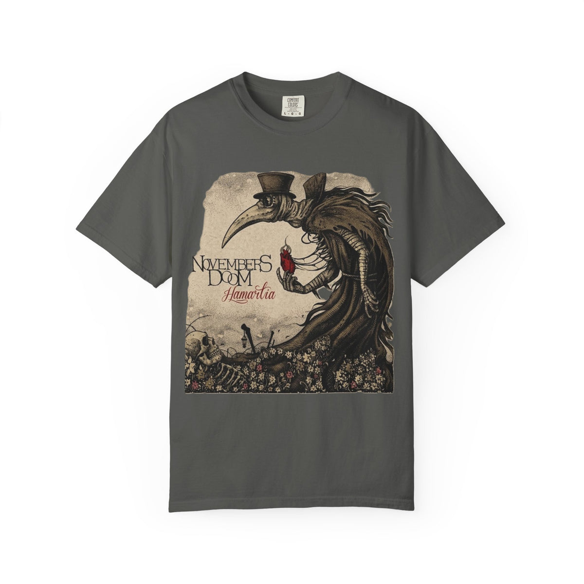 T-shirt du groupe de gothic doom metal Novembers Doom avec l'illustration médiévale de l'album Hamartia