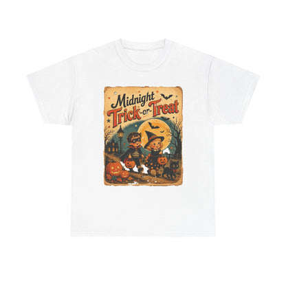 Camiseta de Halloween para niños "Midnight Trick-or-Treat" | Diseño vintage de gato y calabaza