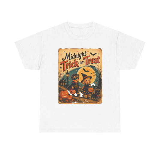 Midnight Trick-or-Treat Kids Halloween T-Shirt | Vintage Pumpkin Cat Design