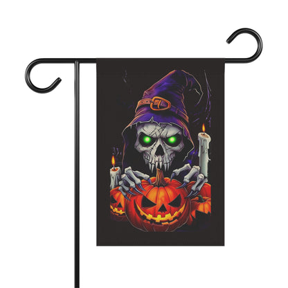 Skull Wizard with Jack-O'-Lantern Garden Flag | Halloween Yard Banner