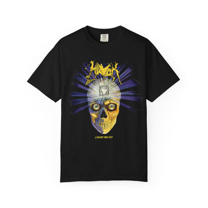 Camiseta Havok Conformicide Skull Sunburst Graphic | Arte de banda de thrash metal amarillo y azul