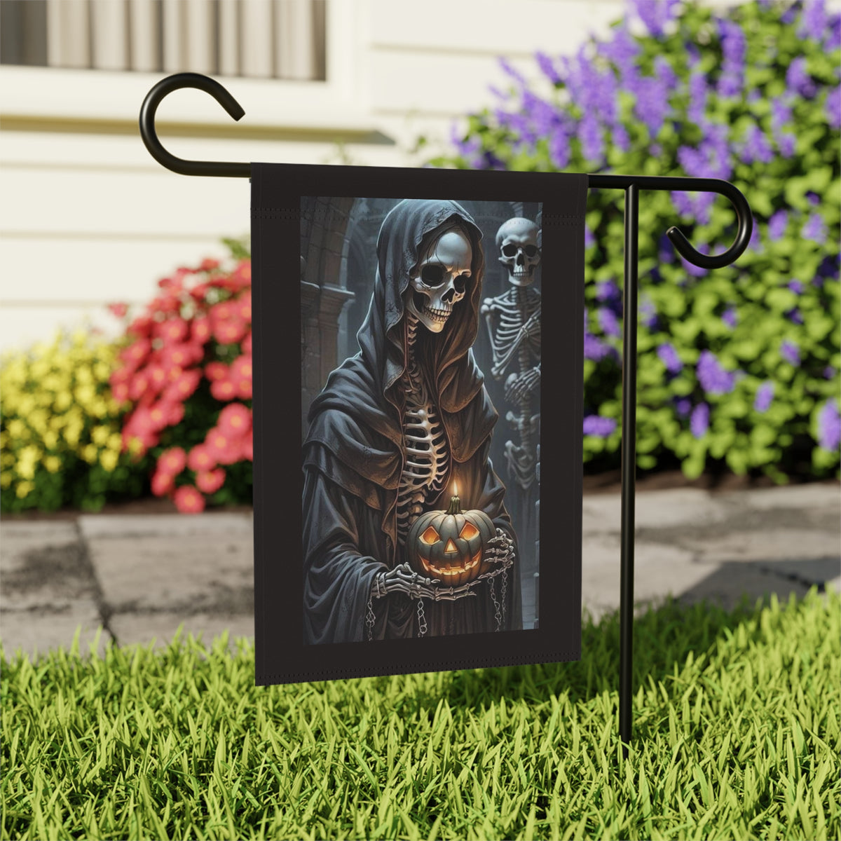 Grim Reaper Skeleton with Jack O'Lantern Garden Banner | Halloween Yard Decor