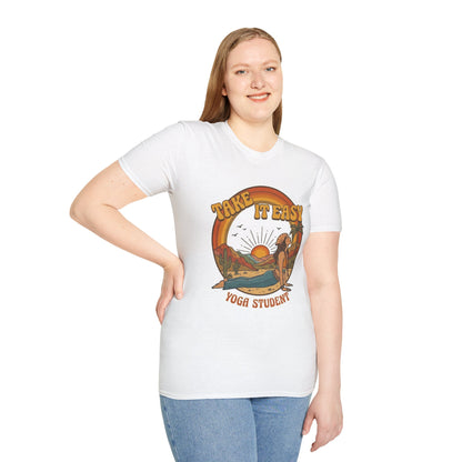 Take It Easy Yoga Student T-Shirt | Retro Sunset Surfing Pose