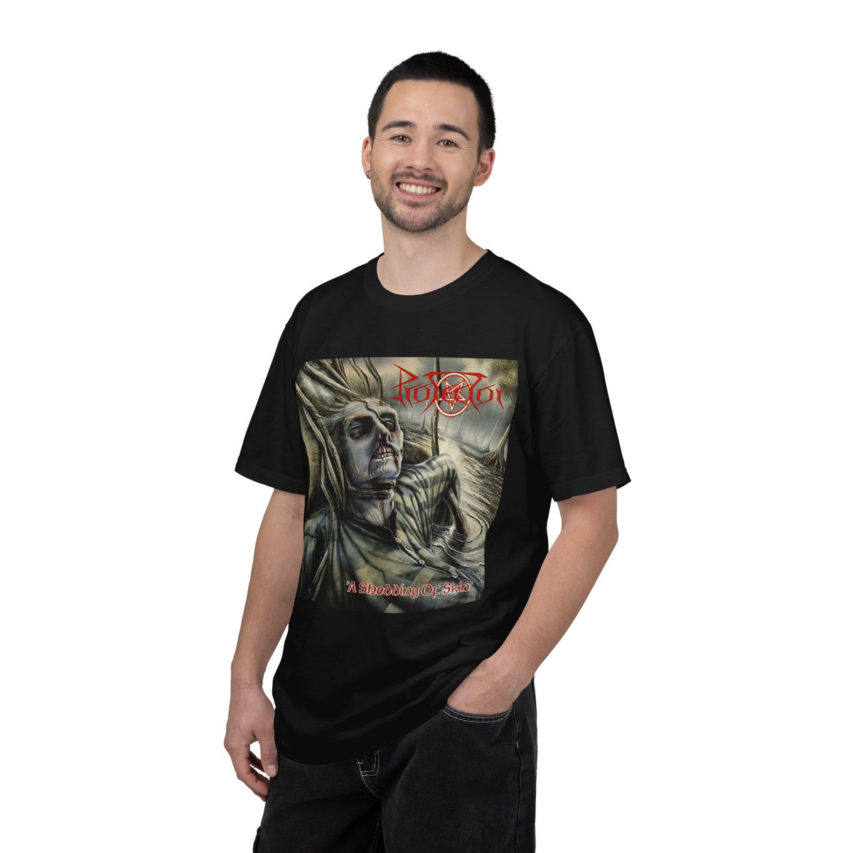 Camiseta con el arte del álbum Shedding of Skin de Protector | Camiseta con el diseño de portada de la banda alemana de death thrash metal