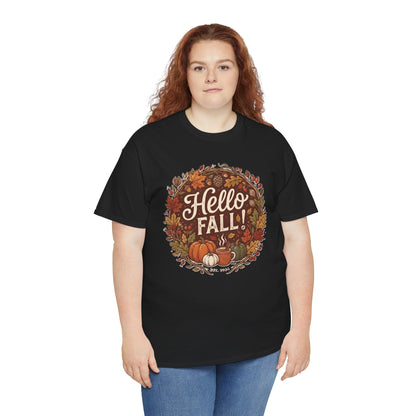 Hello Fall wreath Tee | Autumn pumpkins, leaves, cozy fall design