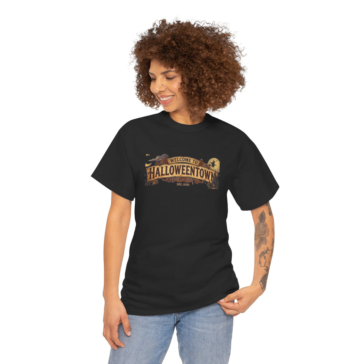 Halloweentown Illustration Double Sided T-Shirt | Spooky Village Nightscape