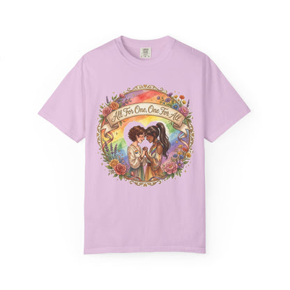 T-shirt Fierté LGBTQ « Tous pour un, un pour tous » | Illustration d'amour, motif de cœur floral