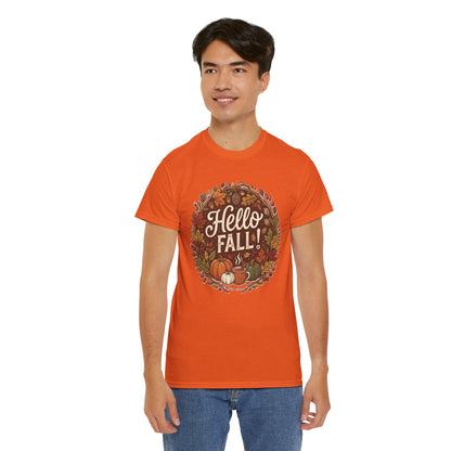Hello Fall wreath Tee | Autumn pumpkins, leaves, cozy fall design