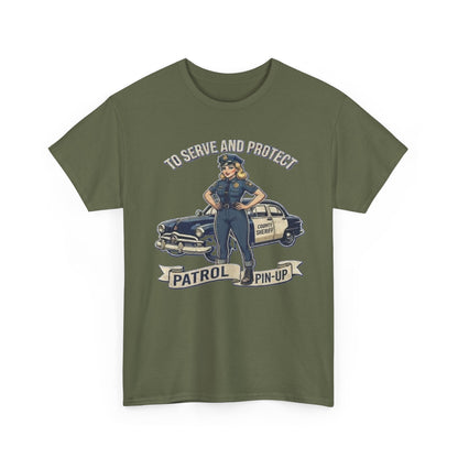 Patrol Pin-Up Policewoman T-Shirt | To Serve and Protect Vintage Car Design