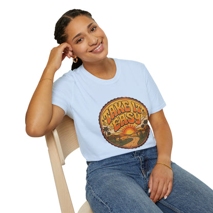 T-shirt Take It Easy sunset road | graphique rétro coucher de soleil et palmiers