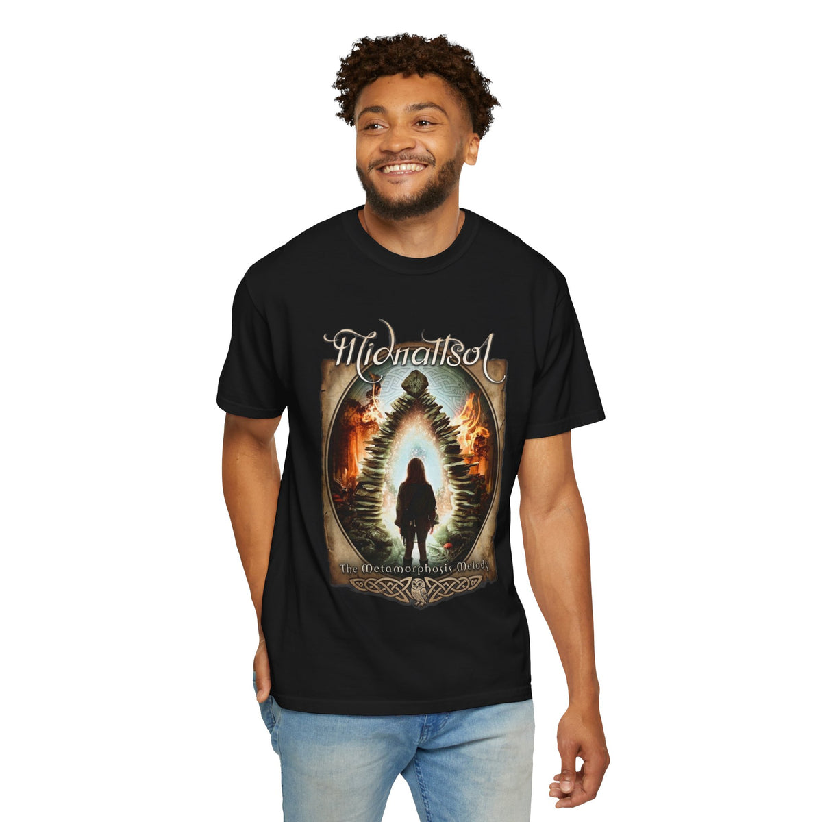 Camiseta con diseño de portal y silueta de la melodía de metamorfosis de Midnattsol | Camiseta con arte de banda de folk metal gótico