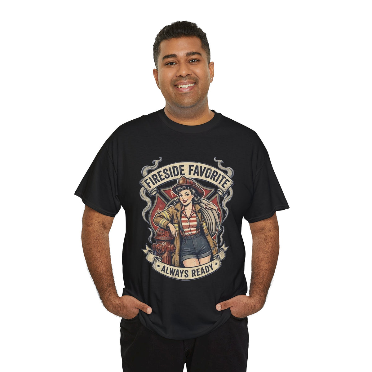 Fireside Favorite Pinup Firefighter Tee | Always Ready vintage badge